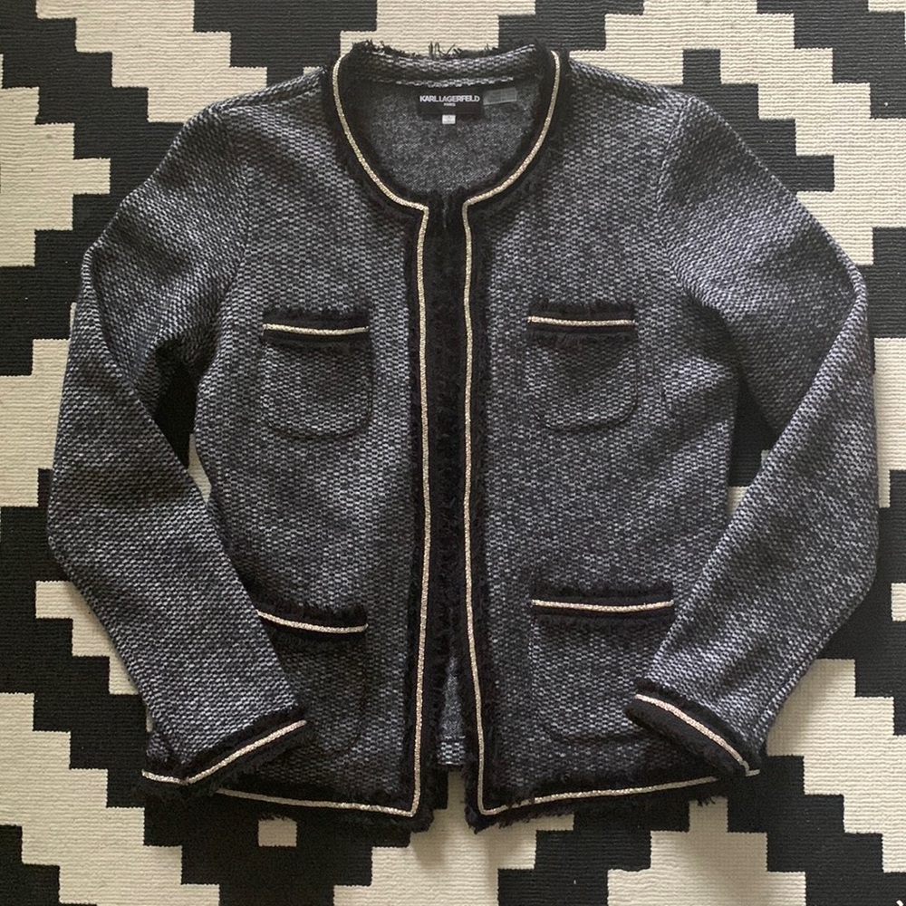 Karl Lagerfeld Wool Mix Blazer - Black with Silver Accents - Size Small